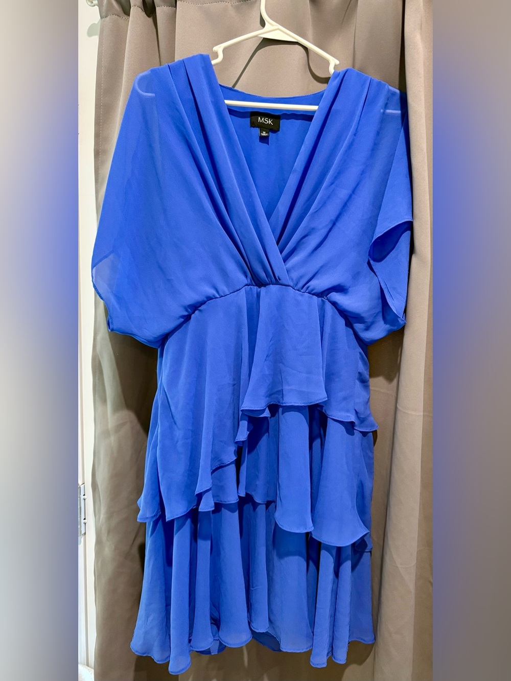 MSK Cobalt Blue Draped V-Neck Tiered Chiffon Midi Dress